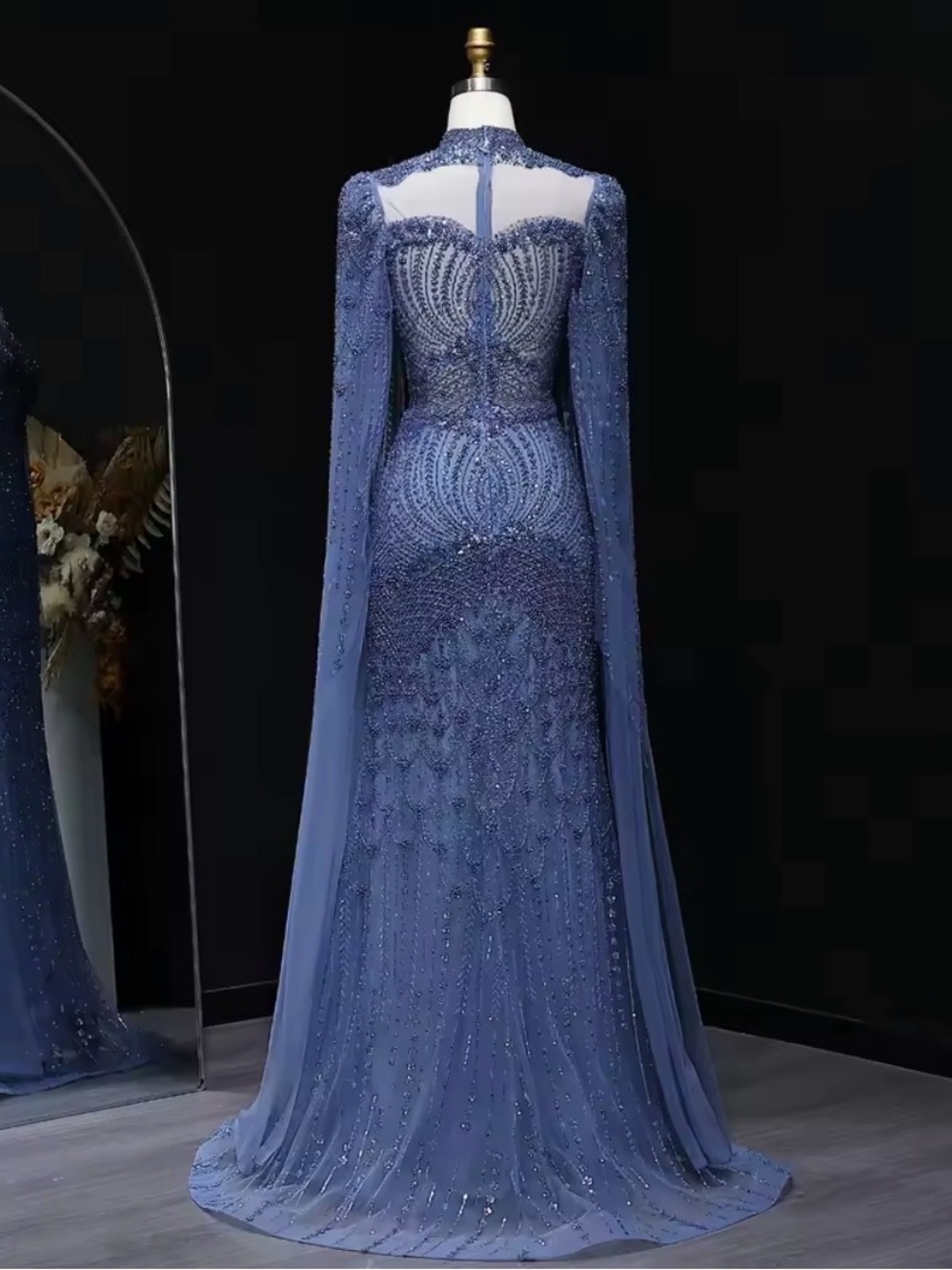 Elegant Beaded Long-Sleeve Evening Gown - Blue - Picture 2 of 5